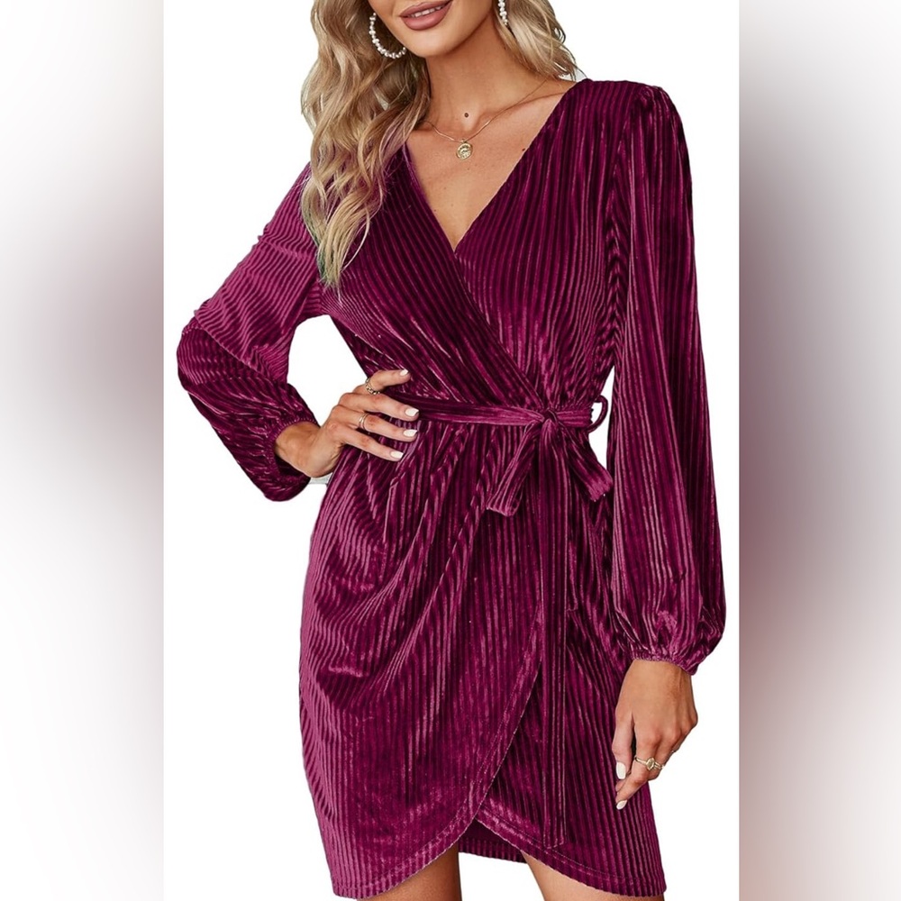 BerryGo Women's Long Sleeve Wrap Semi Formal Velvet Mini Dress. Faux wrap.
